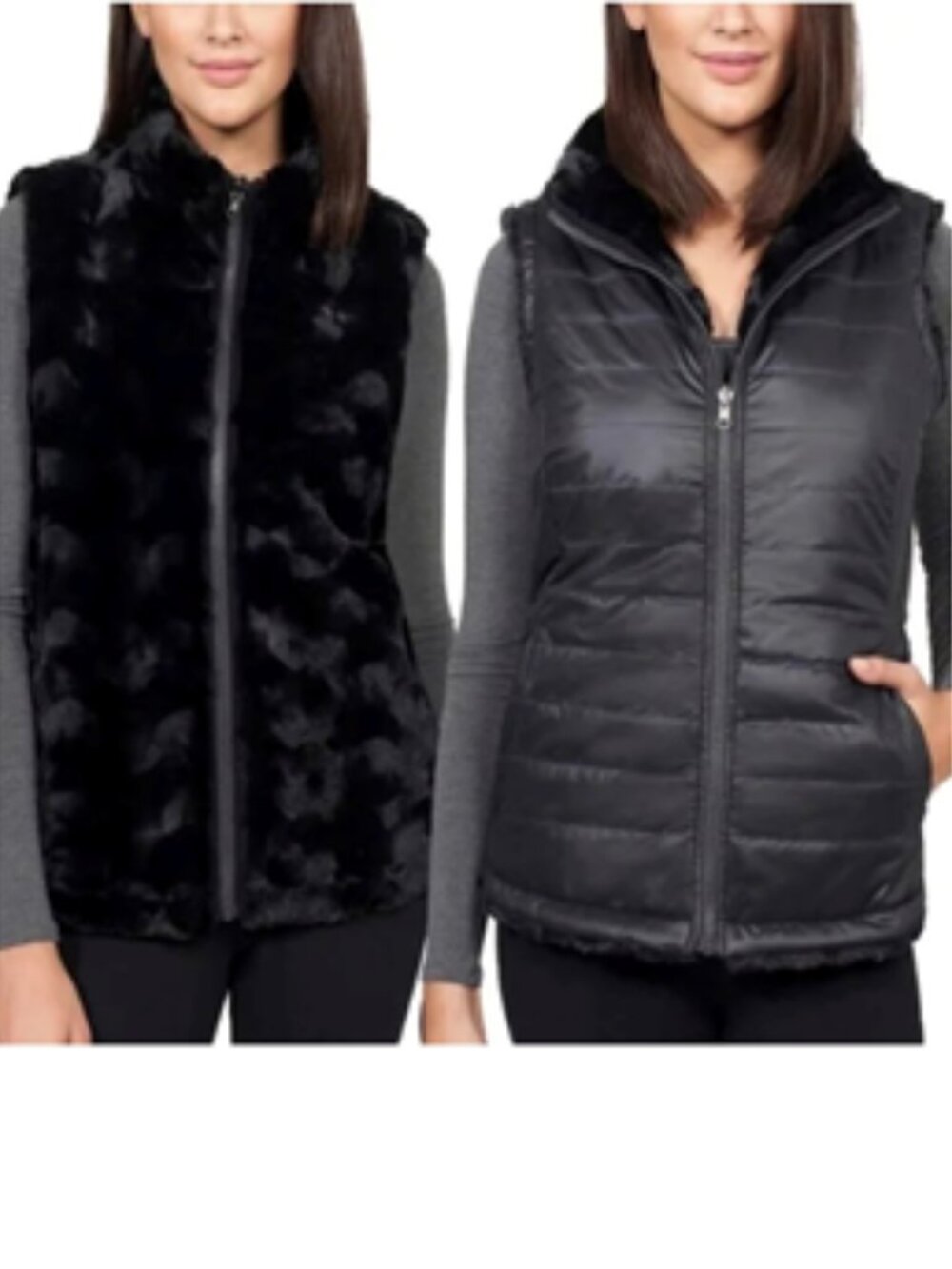 Nicole Miller Reversible Faux Fur Puffer Vest Sz Med ECU Black